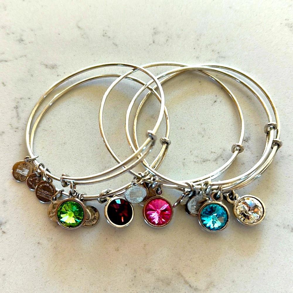 Alex and Ani Birthstone 5 bangles bracelets silver pink diamond rhinestone blue